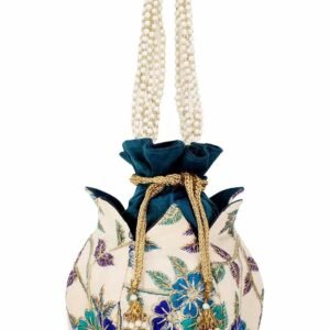 Cream And Turquoise Blue Faux Silk Floral Embroidered Potli
