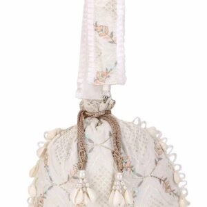 Off White And Multi Faux Silk Stone Embroidered Potli