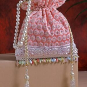 Pink Faux Silk Polka Embroidered Potli
