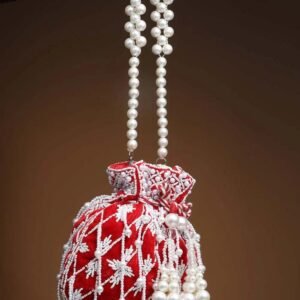 Droop Red And White Pearl Embellished Velvet Potli