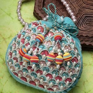 Dangle Aqua Blue And Multi Fish Scale Embellished Velvet Potli
