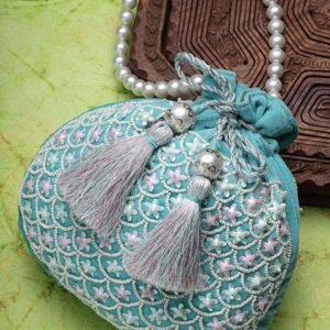 Dangle Aqua Blue And Pink Fish Scale Embellished Velvet Potli