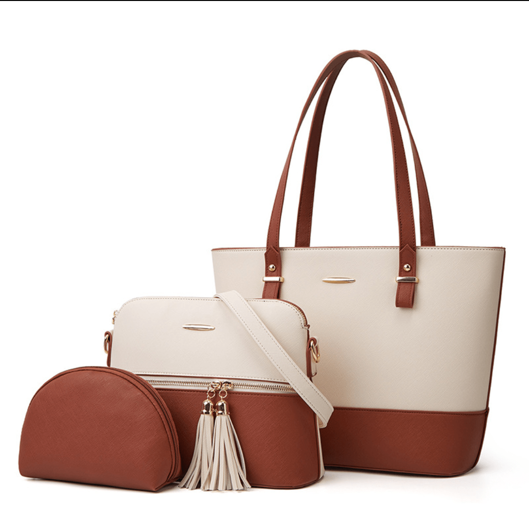 Eliza 3 PCs Tote Bag White & Brown Color