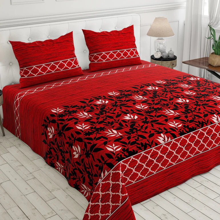 3 Pcs Cotton Bedsheet- Red leaf (Premium)