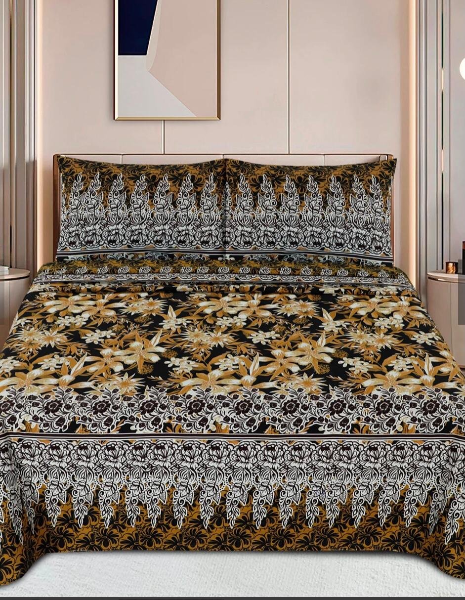 3 Pcs Cotton Bedsheet-Jasmine dark (Premium)